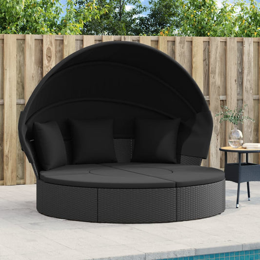 Loungebed met luifel en kussens poly rattan zwart Tuinbedden | Creëer jouw Trendy Thuis | Gratis bezorgd & Retour | Trendy.nl