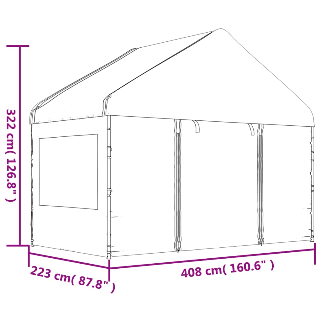 Prieel met dak 4,08x2,23x3,22 m polyetheen wit