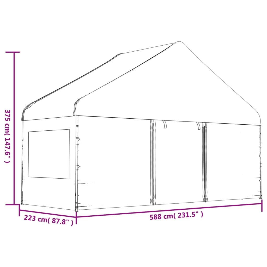 Prieel met dak 5,88x2,23x3,75 m polyetheen wit