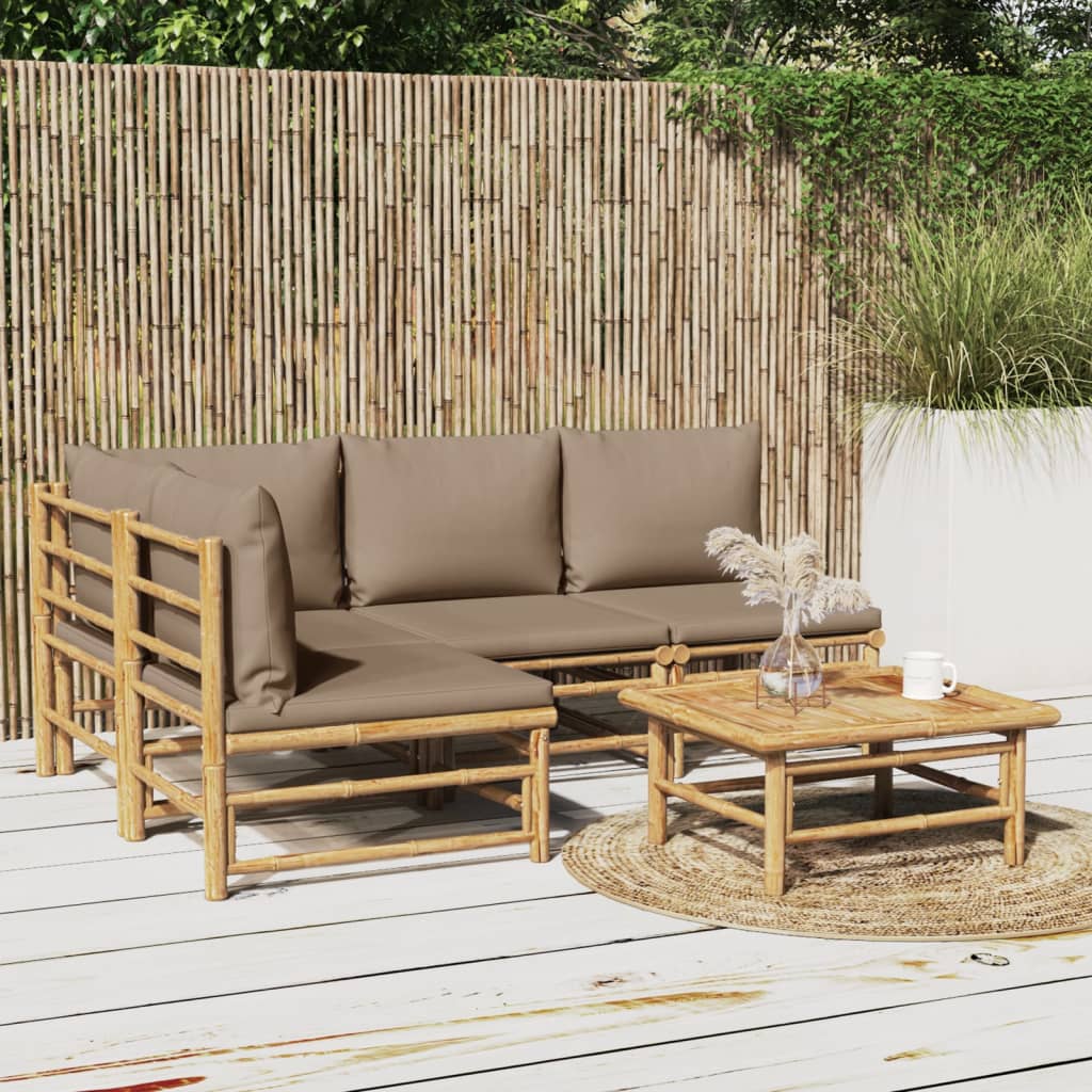 5-delige Loungeset met kussens bamboe taupe Tuinsets | Creëer jouw Trendy Thuis | Gratis bezorgd & Retour | Trendy.nl