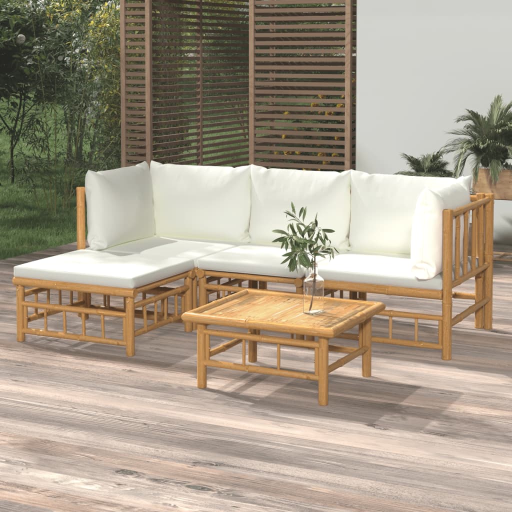 5-delige Loungeset met kussens bamboe crèmewit Tuinsets | Creëer jouw Trendy Thuis | Gratis bezorgd & Retour | Trendy.nl