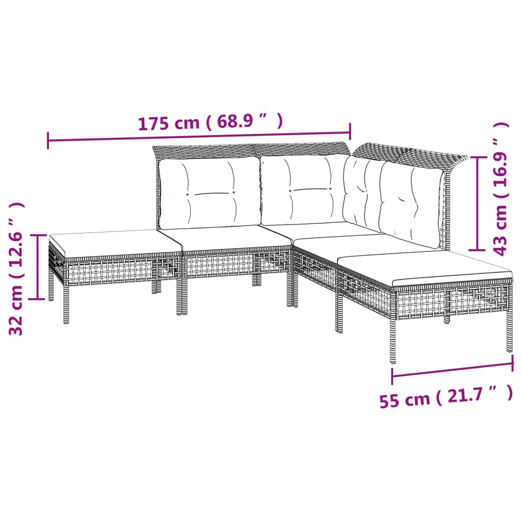 5-delige Loungeset met kussens poly rattan grijs