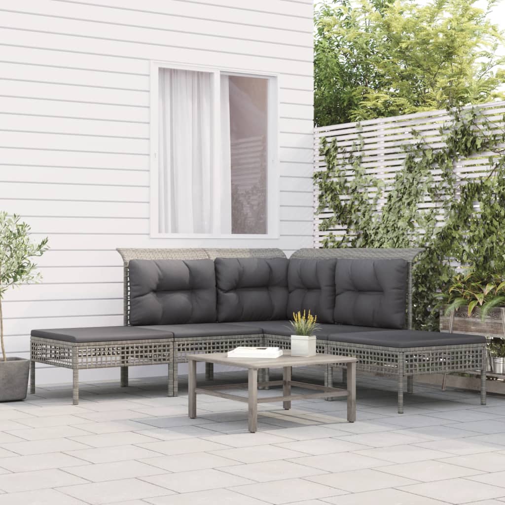 5-delige Loungeset met kussens poly rattan grijs