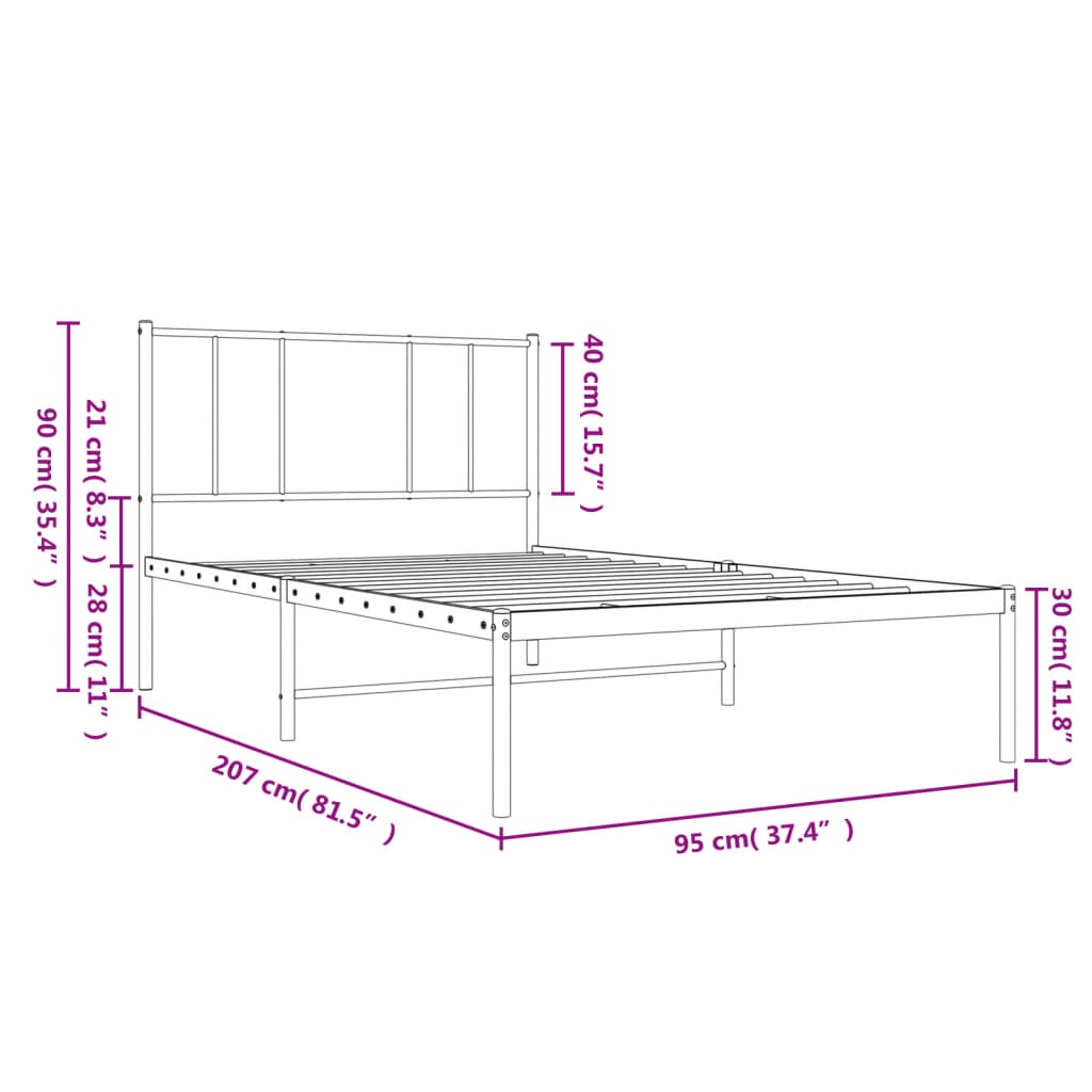 Bedframe met hoofdbord metaal wit 90x200 cm