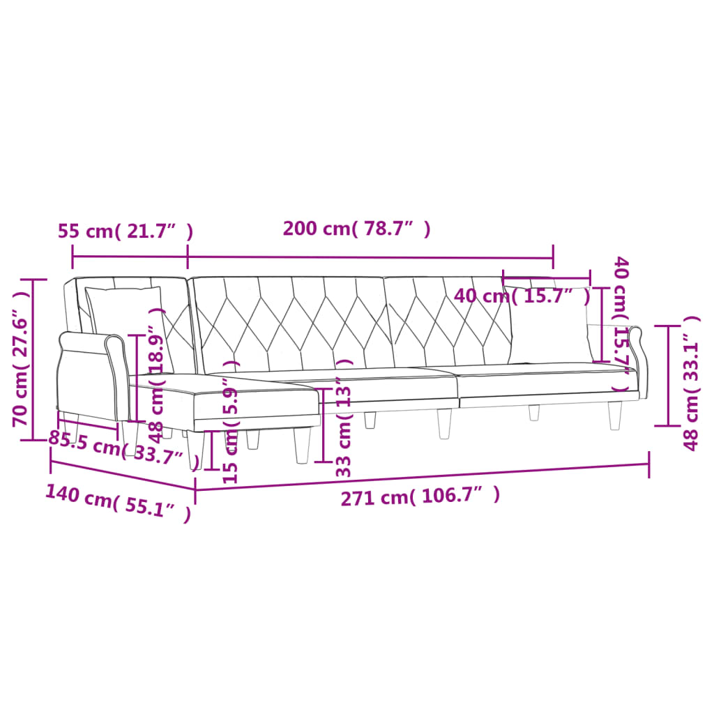 Slaapbank L-vormig 271x140x70 cm fluweel zwart