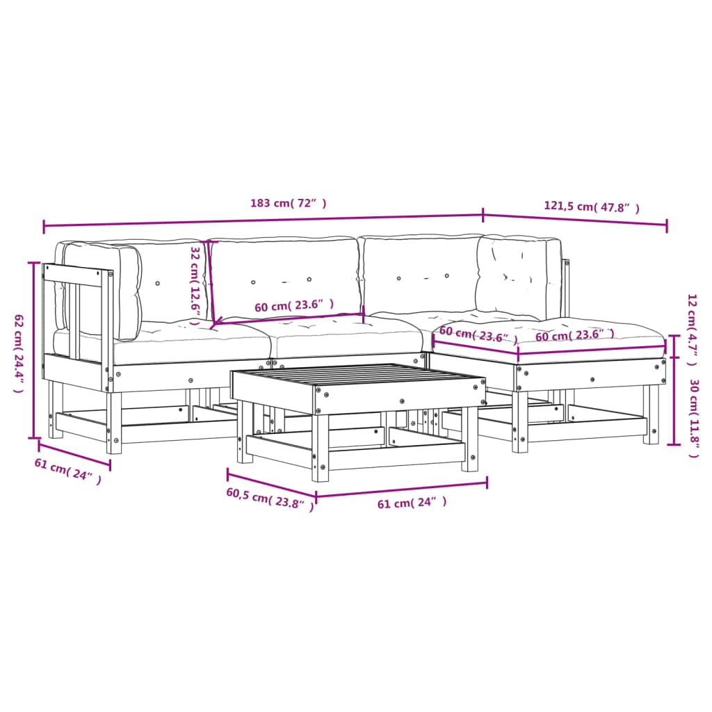 5-delige Loungeset met kussens massief hout wit Tuinsets | Creëer jouw Trendy Thuis | Gratis bezorgd & Retour | Trendy.nl