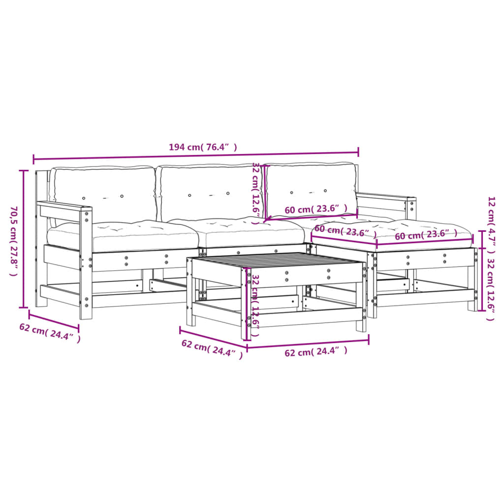 5-delige Loungeset met kussens massief hout Tuinsets | Creëer jouw Trendy Thuis | Gratis bezorgd & Retour | Trendy.nl