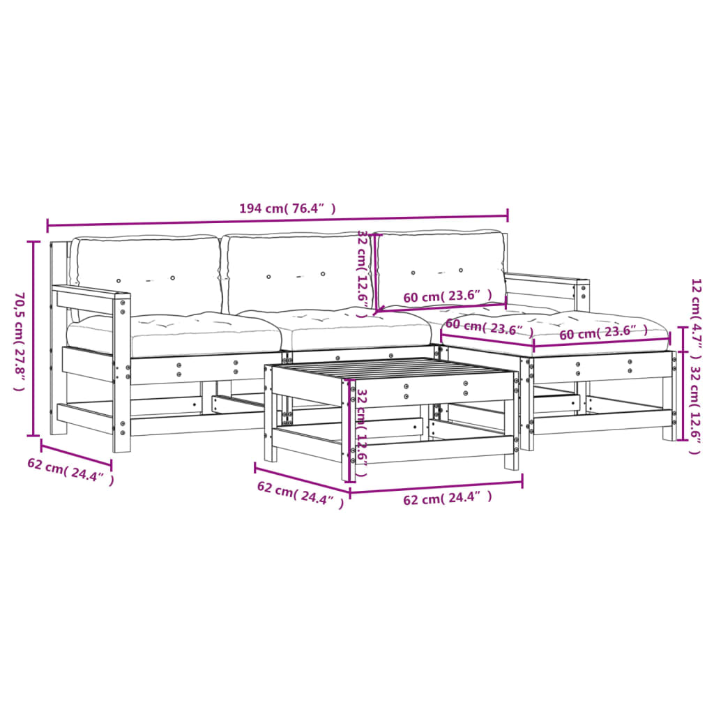 5-delige Loungeset met kussens massief hout grijs Tuinsets | Creëer jouw Trendy Thuis | Gratis bezorgd & Retour | Trendy.nl