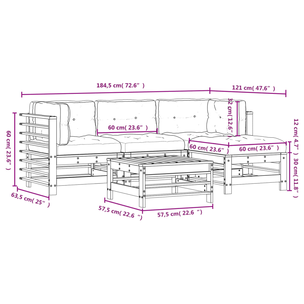 5-delige Loungeset met kussens massief hout wit Tuinsets | Creëer jouw Trendy Thuis | Gratis bezorgd & Retour | Trendy.nl