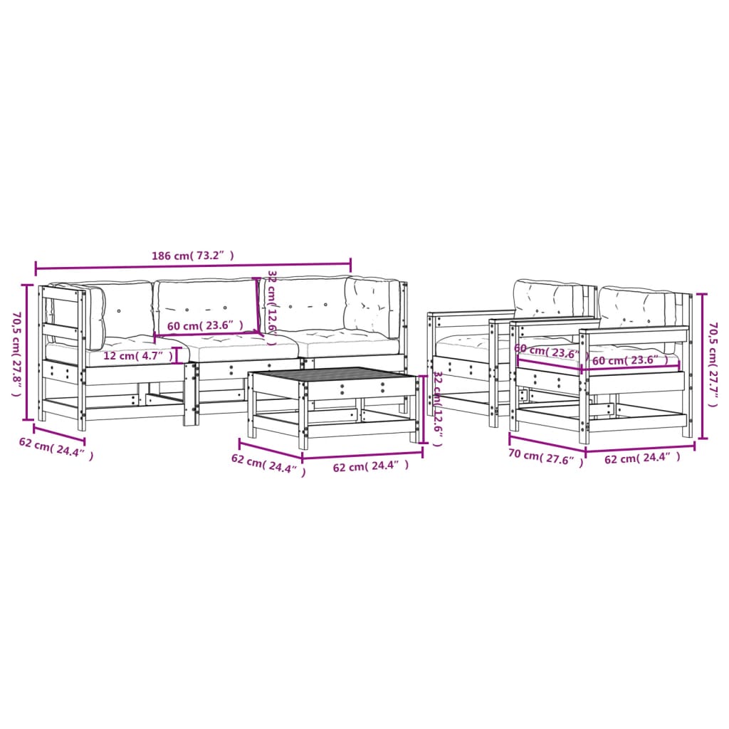 6-delige Loungeset met kussens massief hout wit Tuinsets | Creëer jouw Trendy Thuis | Gratis bezorgd & Retour | Trendy.nl