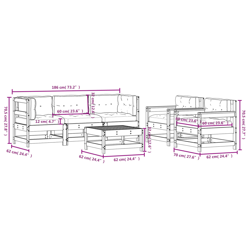 6-delige Loungeset met kussens massief hout grijs Tuinsets | Creëer jouw Trendy Thuis | Gratis bezorgd & Retour | Trendy.nl