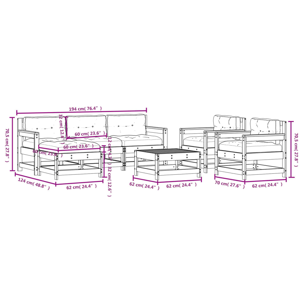 7-delige Loungeset met kussens massief hout wit Tuinsets | Creëer jouw Trendy Thuis | Gratis bezorgd & Retour | Trendy.nl