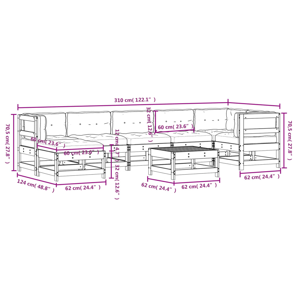 8-delige Loungeset met kussens massief hout wit Tuinsets | Creëer jouw Trendy Thuis | Gratis bezorgd & Retour | Trendy.nl