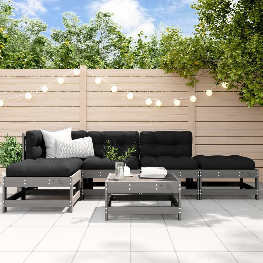 6-delige Loungeset met kussens massief hout grijs Tuinsets | Creëer jouw Trendy Thuis | Gratis bezorgd & Retour | Trendy.nl