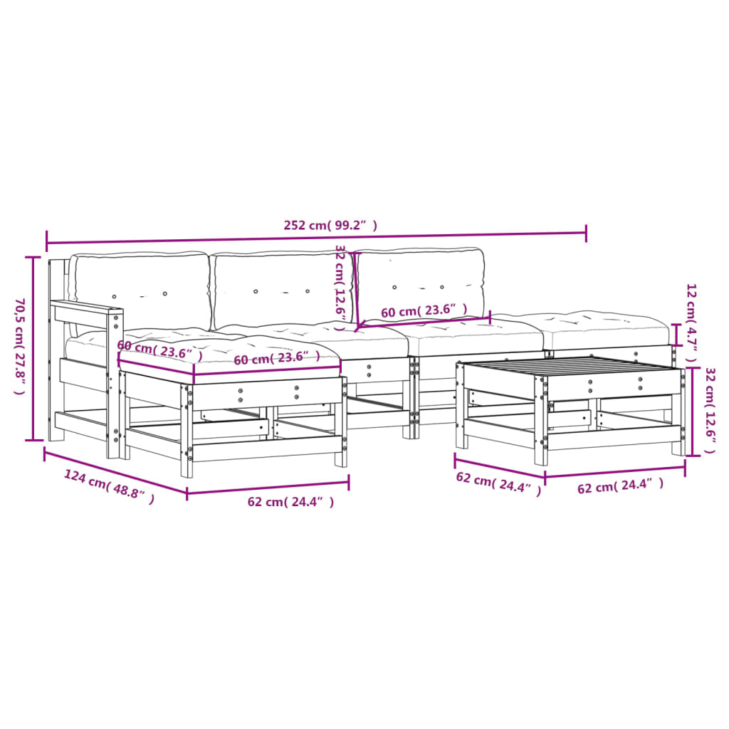 6-delige Loungeset met kussens massief hout wit Tuinsets | Creëer jouw Trendy Thuis | Gratis bezorgd & Retour | Trendy.nl