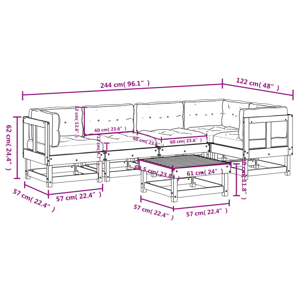 6-delige Loungeset met kussens massief hout wit Tuinsets | Creëer jouw Trendy Thuis | Gratis bezorgd & Retour | Trendy.nl