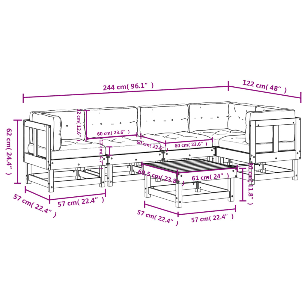 6-delige Loungeset met kussens massief hout grijs Tuinsets | Creëer jouw Trendy Thuis | Gratis bezorgd & Retour | Trendy.nl