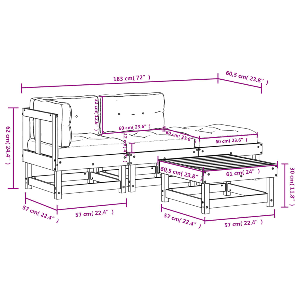 4-delige Loungeset met kussens massief hout wit Tuinsets | Creëer jouw Trendy Thuis | Gratis bezorgd & Retour | Trendy.nl