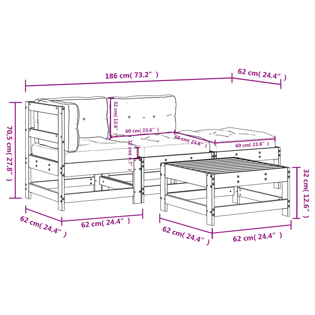 4-delige Loungeset met kussens massief hout wit Tuinsets | Creëer jouw Trendy Thuis | Gratis bezorgd & Retour | Trendy.nl