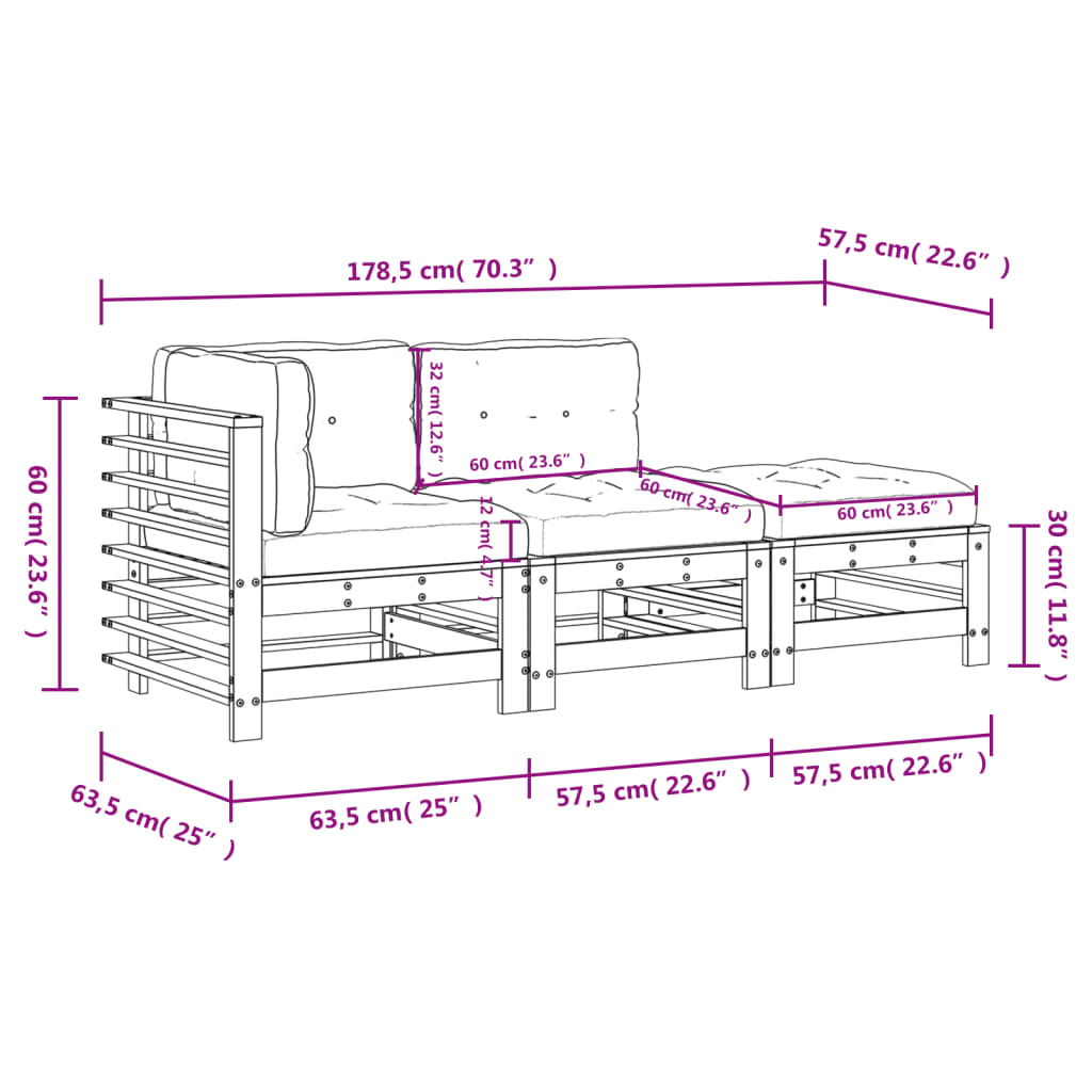 3-delige Loungeset met kussens massief hout Tuinsets | Creëer jouw Trendy Thuis | Gratis bezorgd & Retour | Trendy.nl