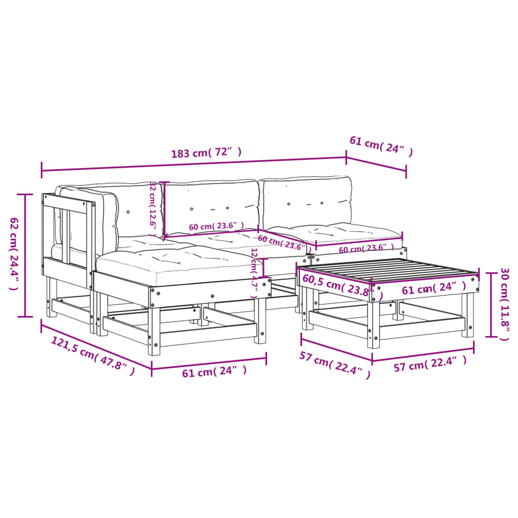 5-delige Loungeset met kussens massief hout wit Tuinsets | Creëer jouw Trendy Thuis | Gratis bezorgd & Retour | Trendy.nl