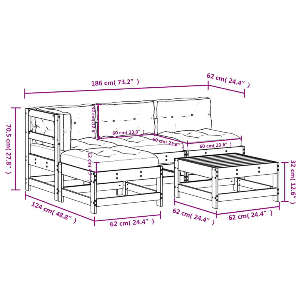 5-delige Loungeset met kussens massief hout wit Tuinsets | Creëer jouw Trendy Thuis | Gratis bezorgd & Retour | Trendy.nl