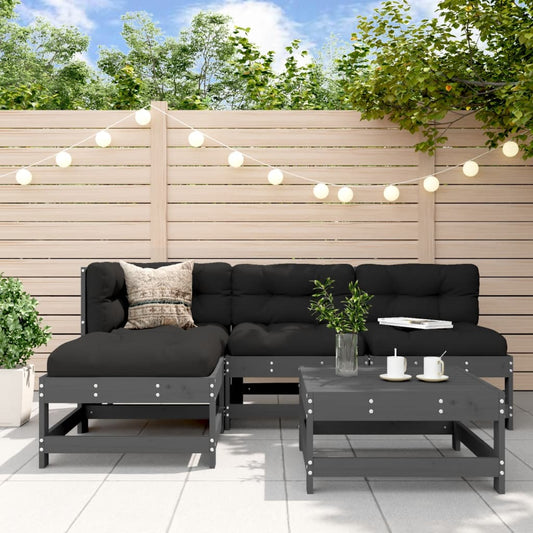 5-delige Loungeset met kussens massief hout grijs Tuinsets | Creëer jouw Trendy Thuis | Gratis bezorgd & Retour | Trendy.nl