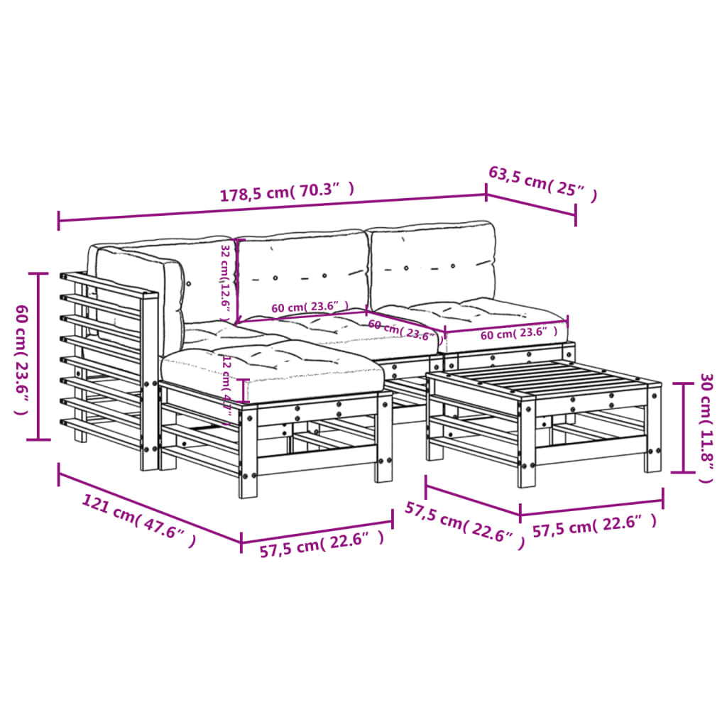 5-delige Loungeset met kussens massief hout grijs Tuinsets | Creëer jouw Trendy Thuis | Gratis bezorgd & Retour | Trendy.nl