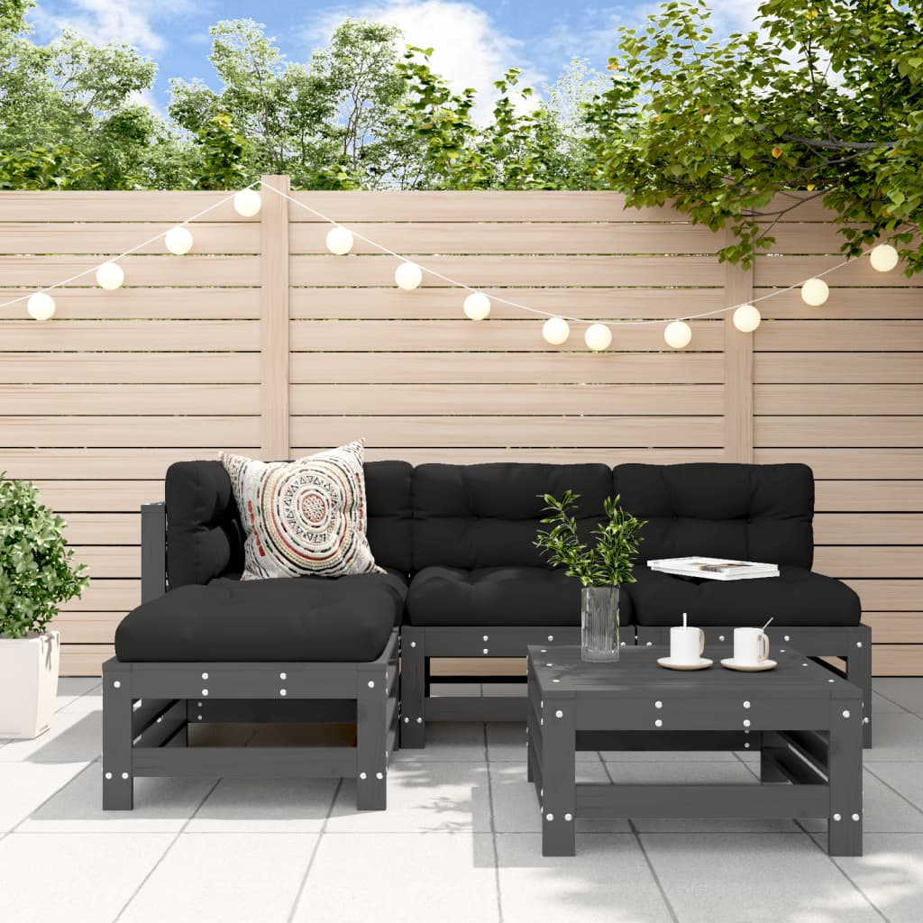 5-delige Loungeset met kussens massief hout grijs Tuinsets | Creëer jouw Trendy Thuis | Gratis bezorgd & Retour | Trendy.nl