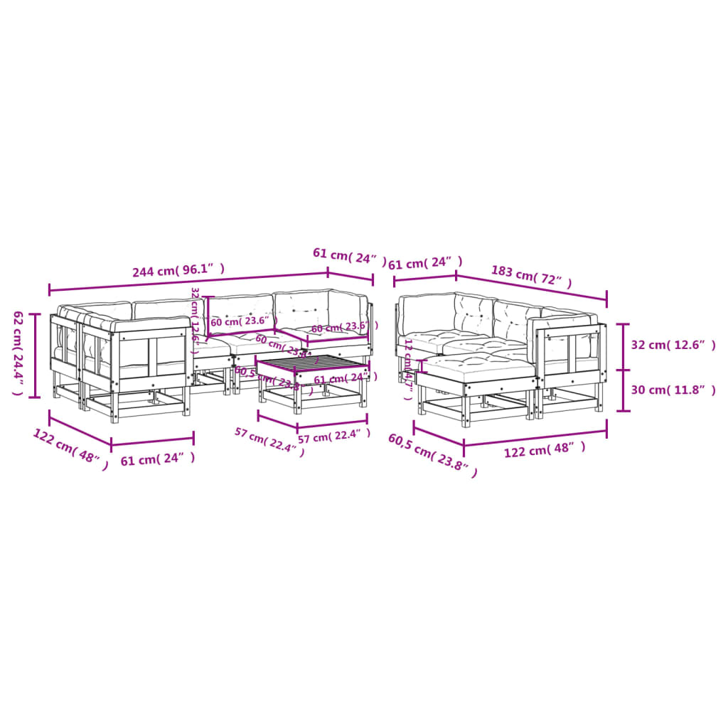 10-delige Loungeset met kussens massief hout wit Tuinsets | Creëer jouw Trendy Thuis | Gratis bezorgd & Retour | Trendy.nl