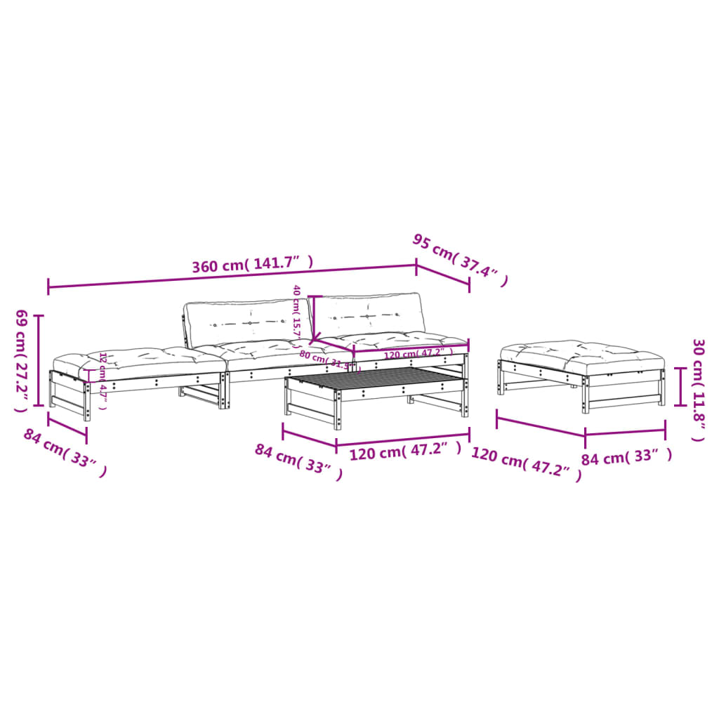 5-delige Loungeset met kussens massief hout Tuinsets | Creëer jouw Trendy Thuis | Gratis bezorgd & Retour | Trendy.nl