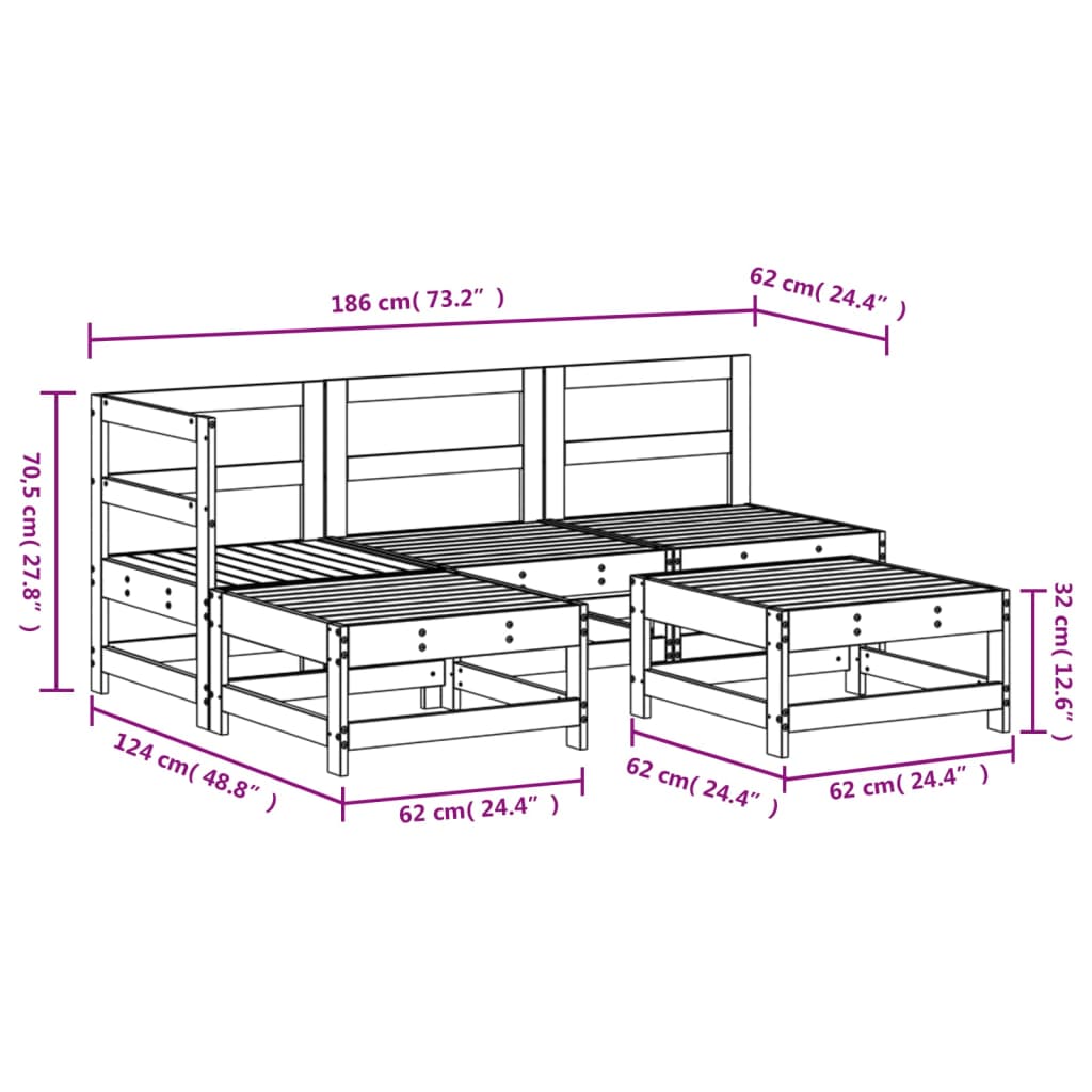 5-delige Loungeset massief grenenhout grijs