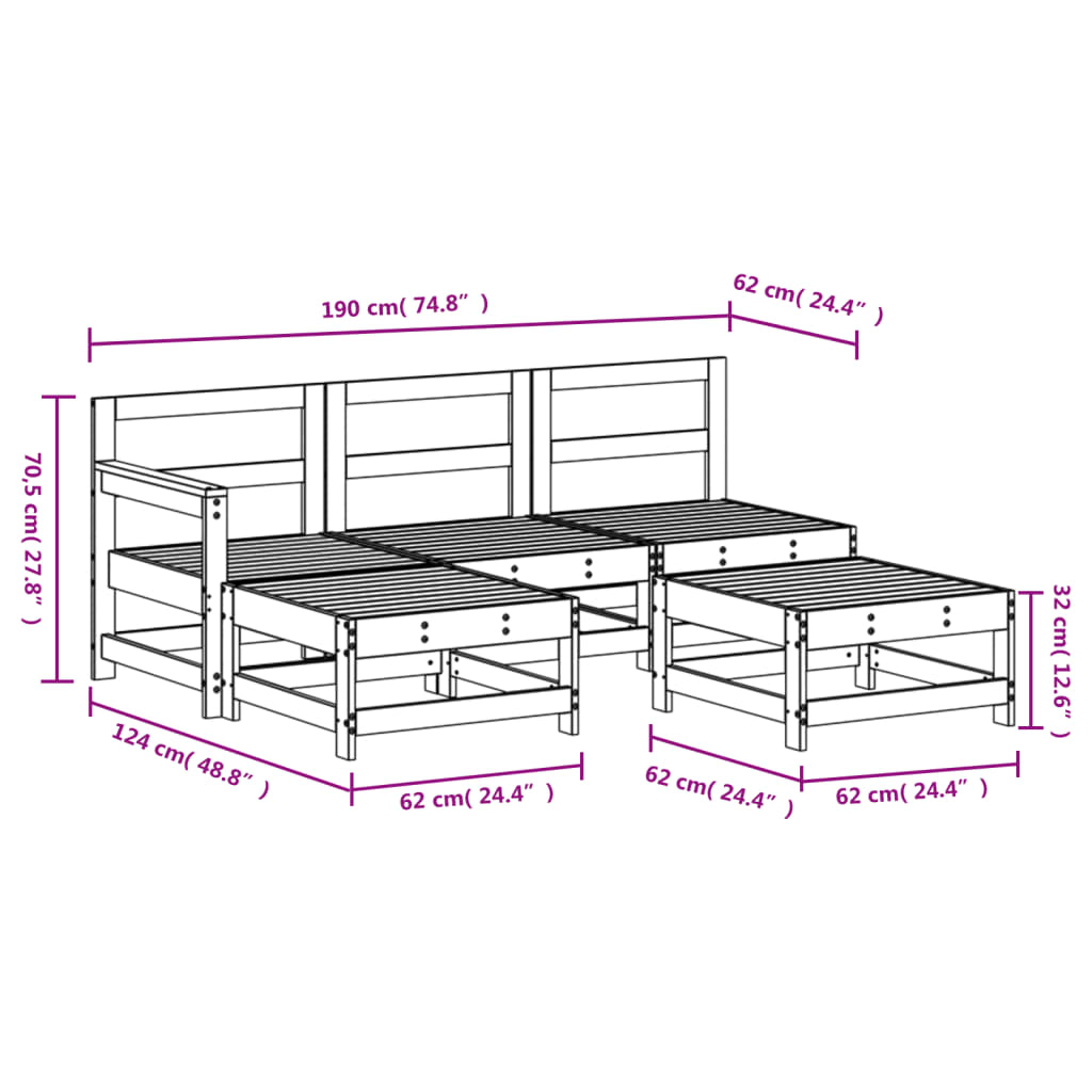 5-delige Loungeset massief grenenhout grijs