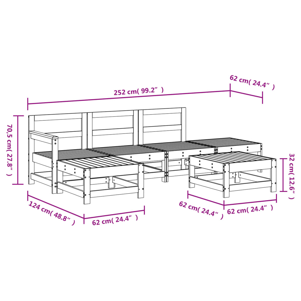 6-delige Loungeset massief grenenhout grijs