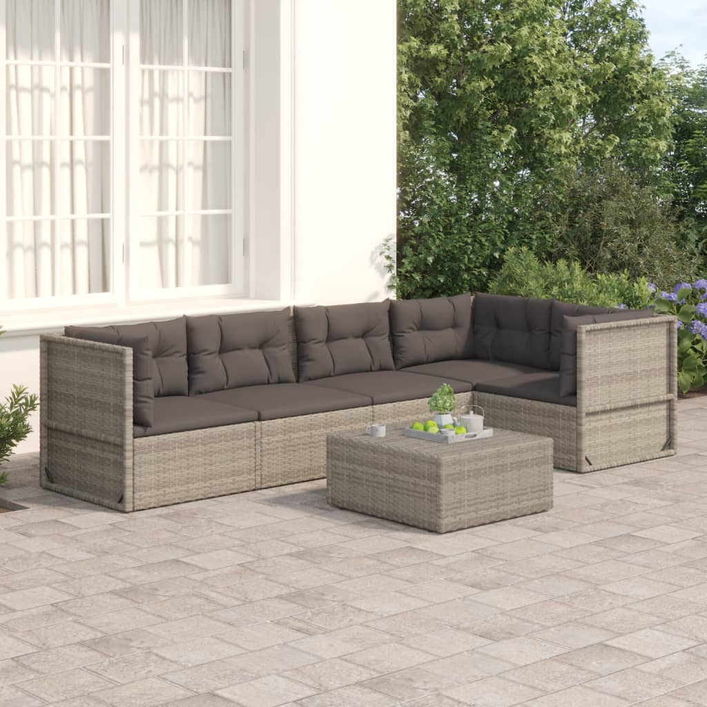 5-delige Loungeset met kussens poly rattan grijs Tuinsets | Creëer jouw Trendy Thuis | Gratis bezorgd & Retour | Trendy.nl