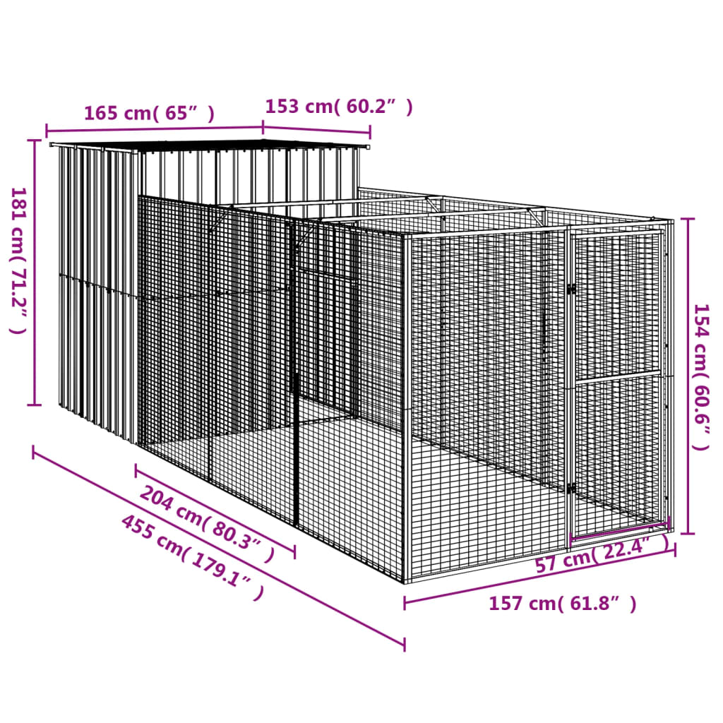 Hondenhok met ren 165x455x181 cm gegalvaniseerd staal antraciet Hondenhokken | Creëer jouw Trendy Thuis | Gratis bezorgd & Retour | Trendy.nl