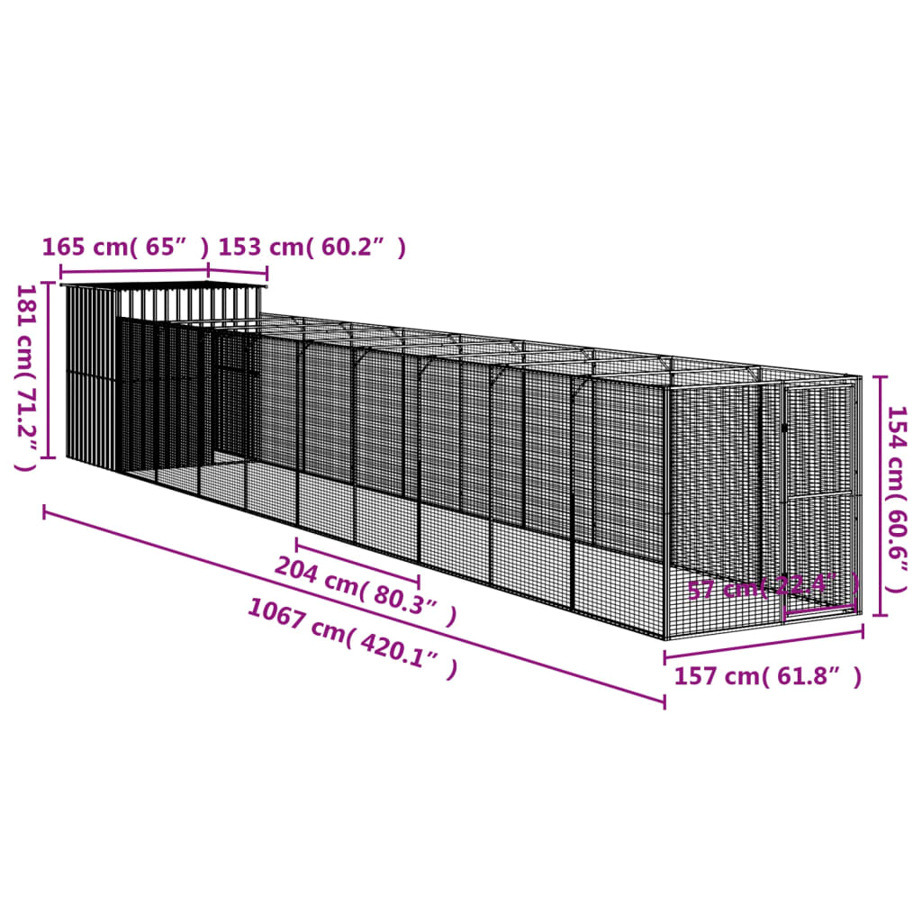 Hondenhok met ren 165x1067x181 cm staal antraciet Hondenhokken | Creëer jouw Trendy Thuis | Gratis bezorgd & Retour | Trendy.nl