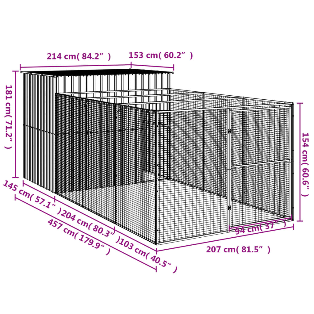 Hondenhok met ren 214x457x181 cm gegalvaniseerd staal antraciet Hondenhokken | Creëer jouw Trendy Thuis | Gratis bezorgd & Retour | Trendy.nl