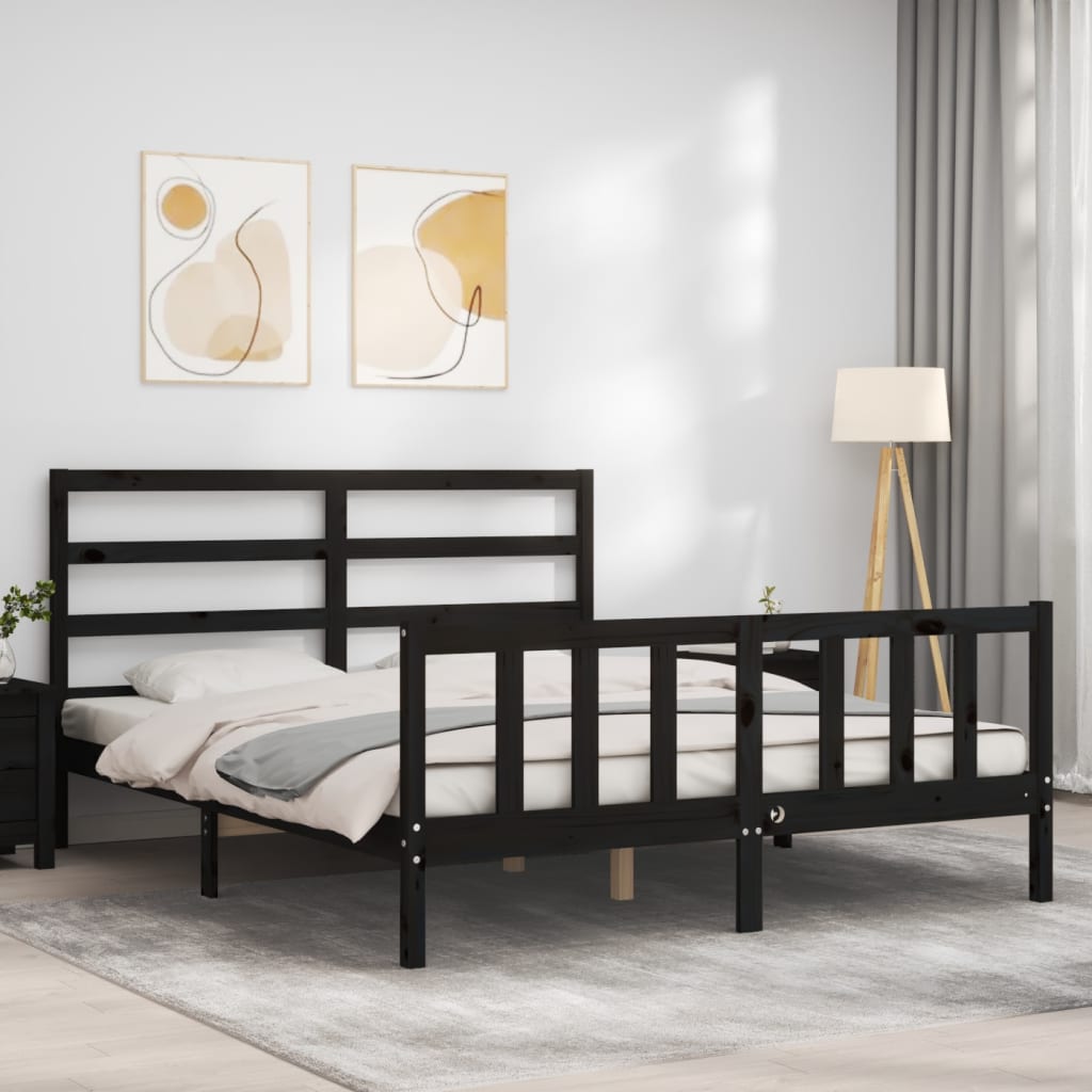 Bedframe met hoofdbord massief hout zwart