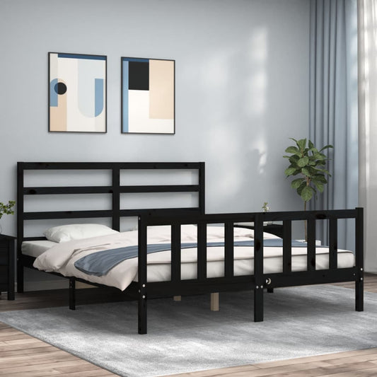 Bedframe met hoofdbord massief hout zwart