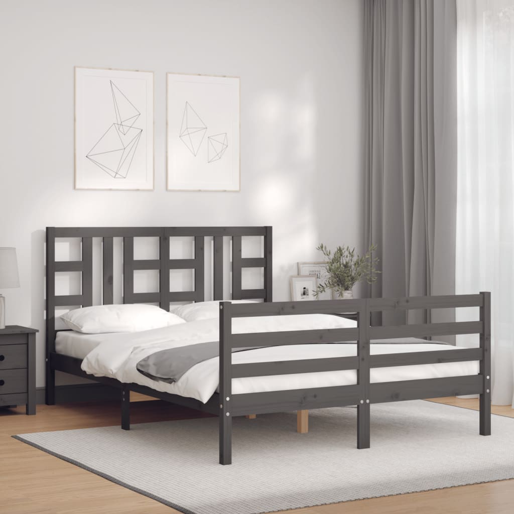 Bedframe met hoofdbord massief hout grijs 140x190 cm Bedden & bedframes | Creëer jouw Trendy Thuis | Gratis bezorgd & Retour | Trendy.nl