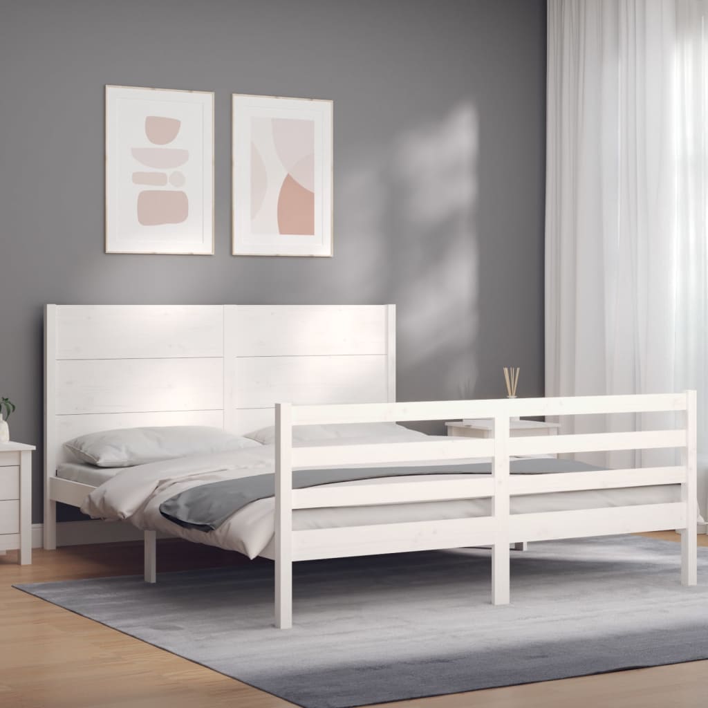 Bedframe met hoofdbord massief hout wit 160x200 cm