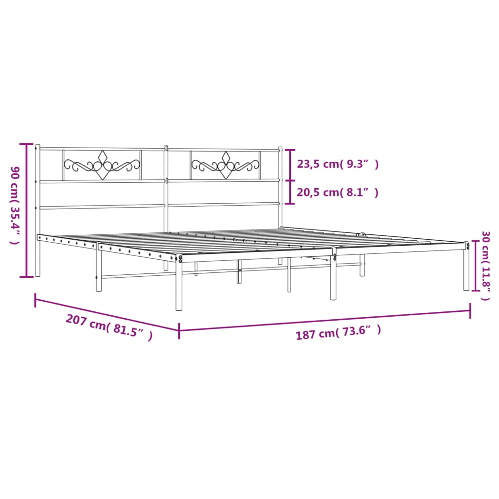 Bedframe met hoofdbord metaal zwart 180x200 cm