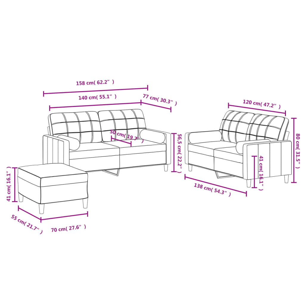 3-delige Loungeset met kussens stof wijnrood