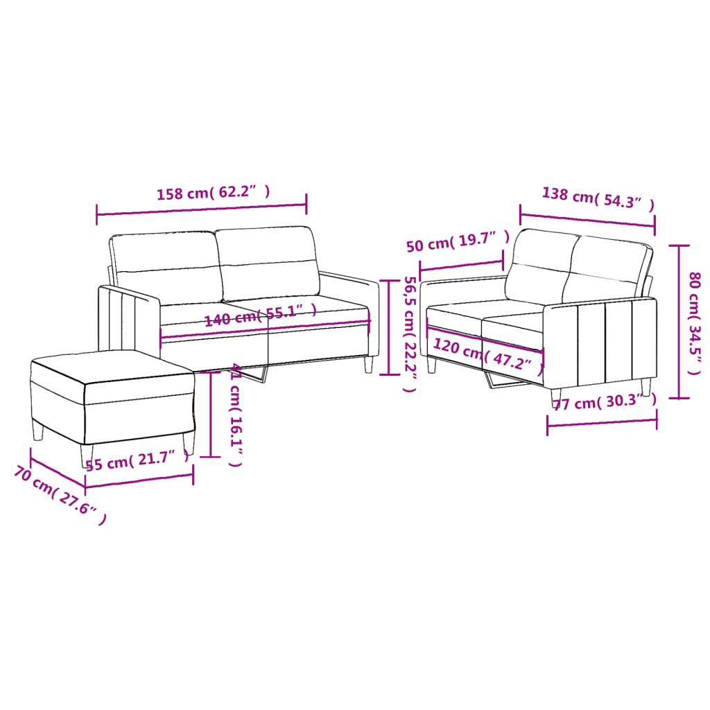 3-delige Loungeset met kussens stof lichtgrijs