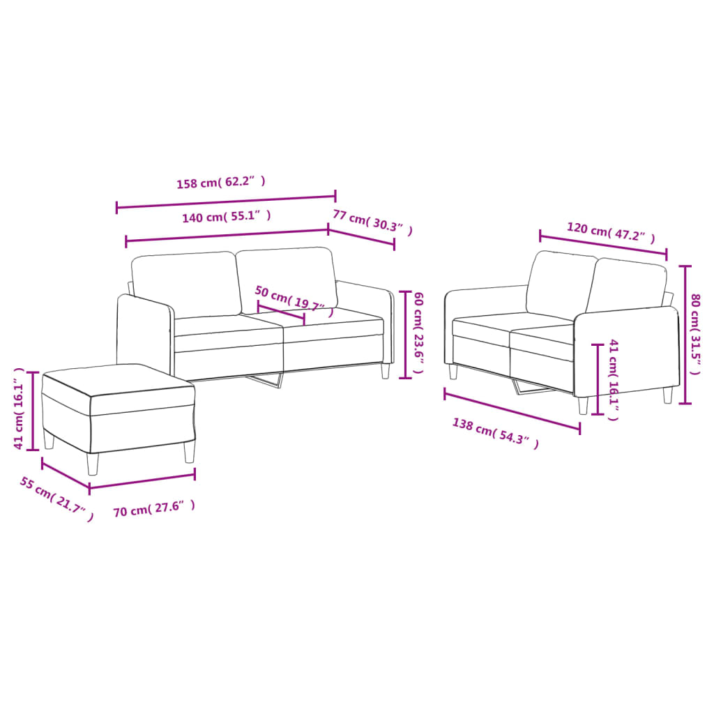 3-delige Loungeset fluweel donkergrijs