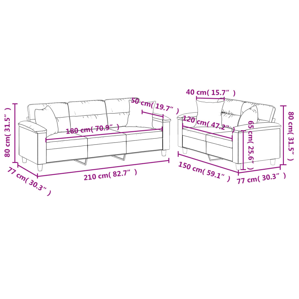 2-delige Loungeset met kussens microvezelstof crèmekleurig