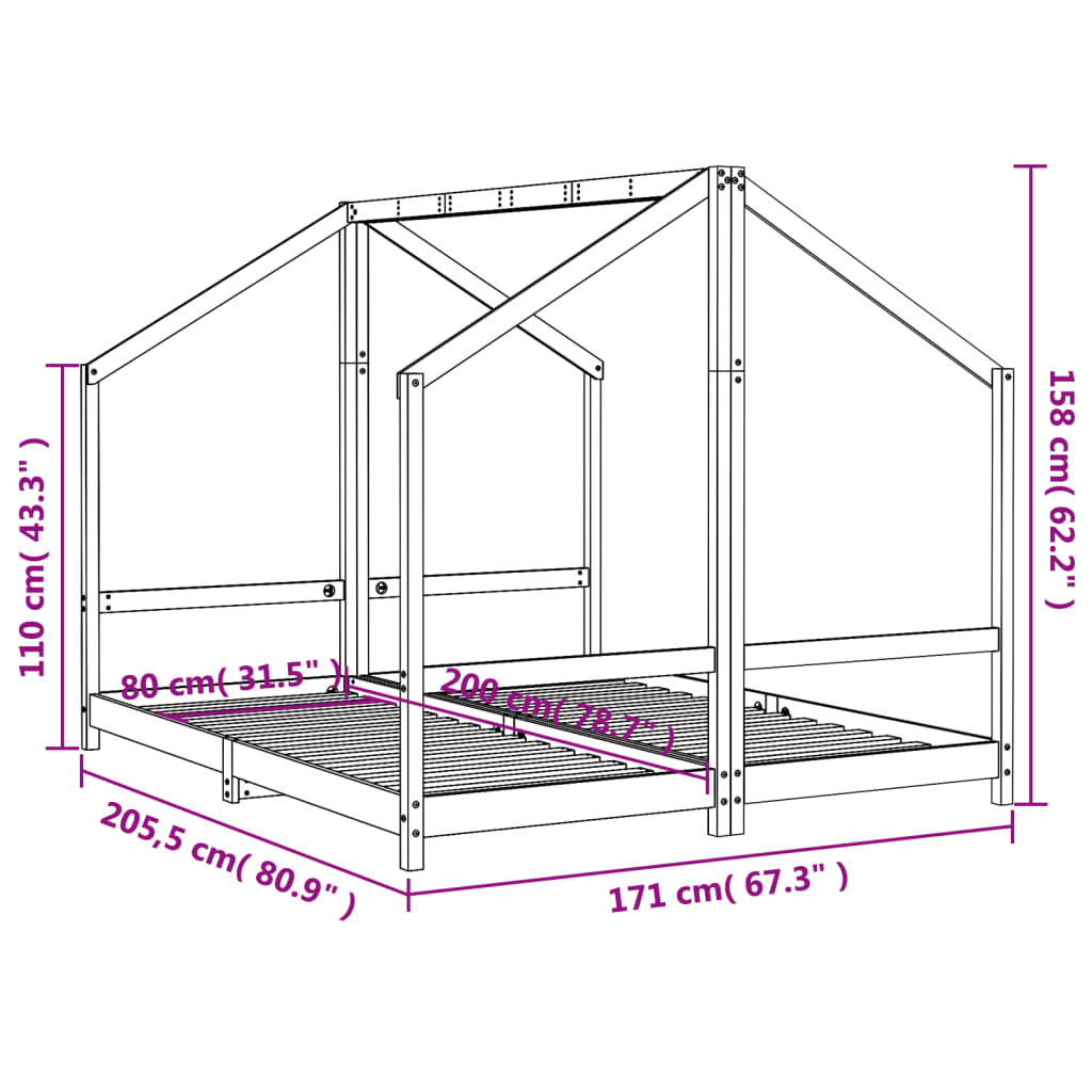 Kinderbedframe 2x(80x200) cm massief grenenhout zwart Peuter- & kinderbedden | Creëer jouw Trendy Thuis | Gratis bezorgd & Retour | Trendy.nl