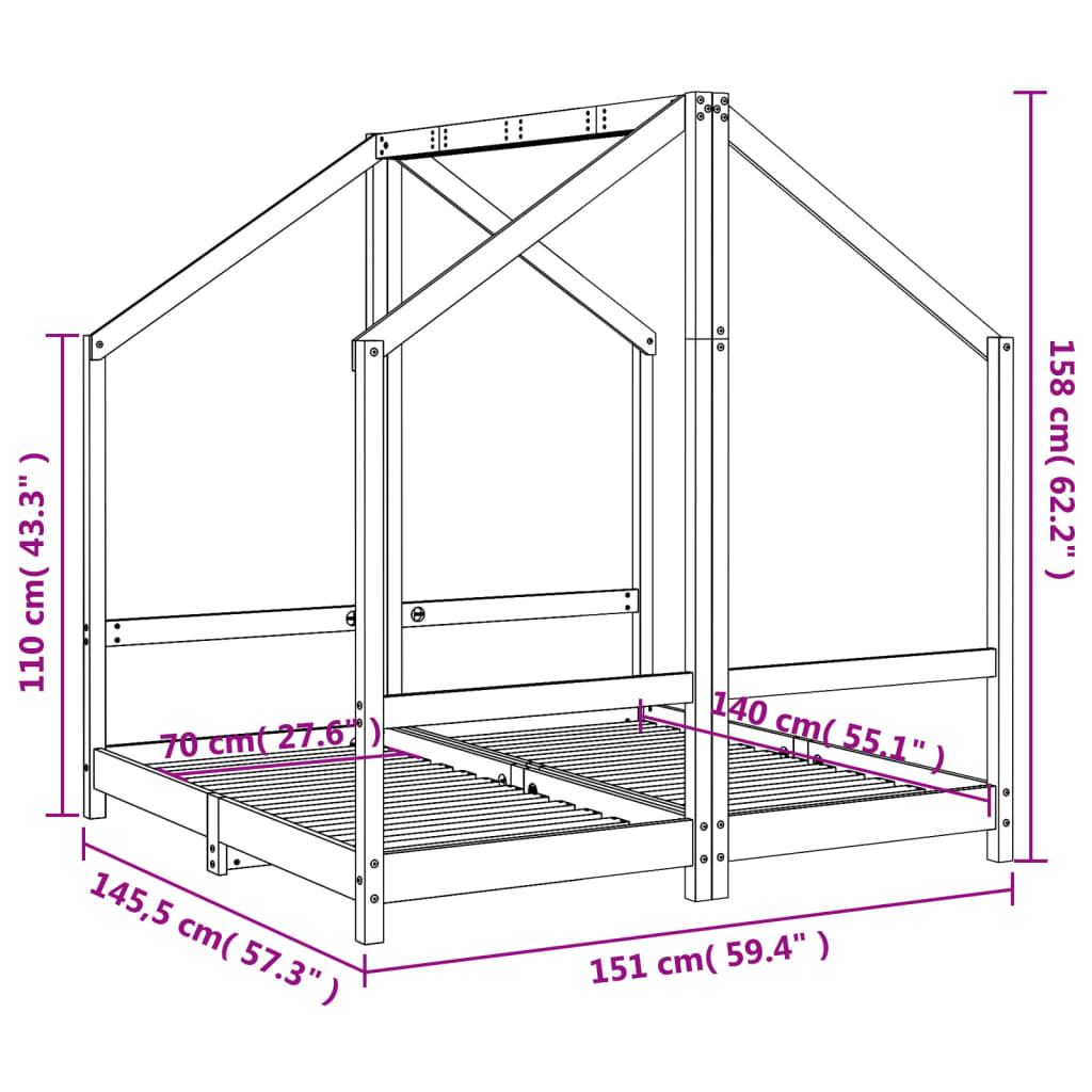 Kinderbedframe 2x(70x140) cm massief grenenhout zwart Peuter- & kinderbedden | Creëer jouw Trendy Thuis | Gratis bezorgd & Retour | Trendy.nl