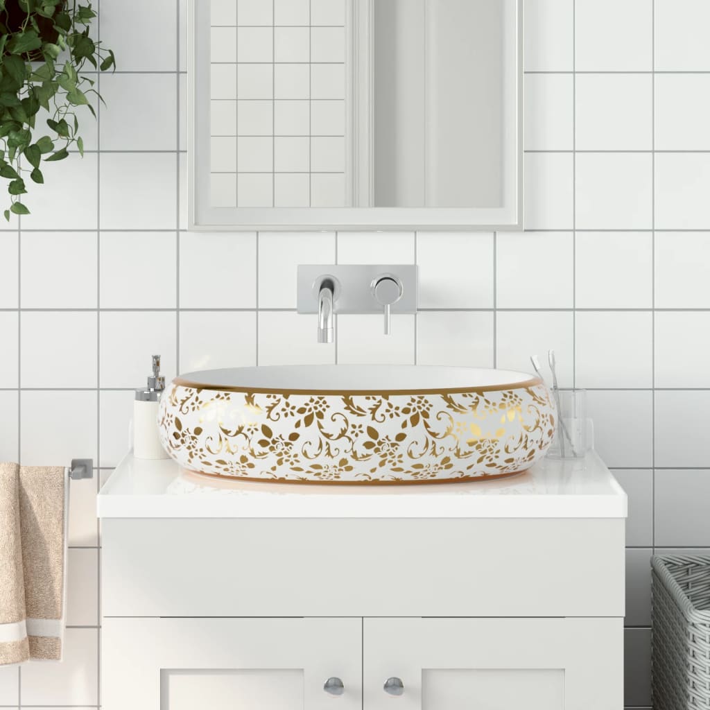 Opzetwasbak ovaal 59x40x15 cm keramiek wit en goud Gootstenen voor badkamers | Creëer jouw Trendy Thuis | Gratis bezorgd & Retour | Trendy.nl